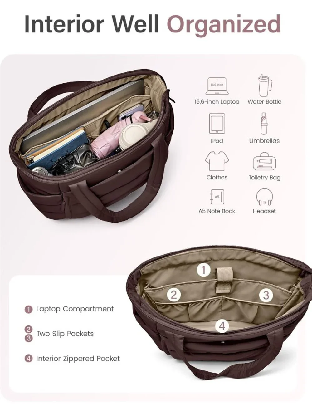 👜Women's Dark Brown Quilted Puffer Tote Bag Zipper Work Bag With Compartments